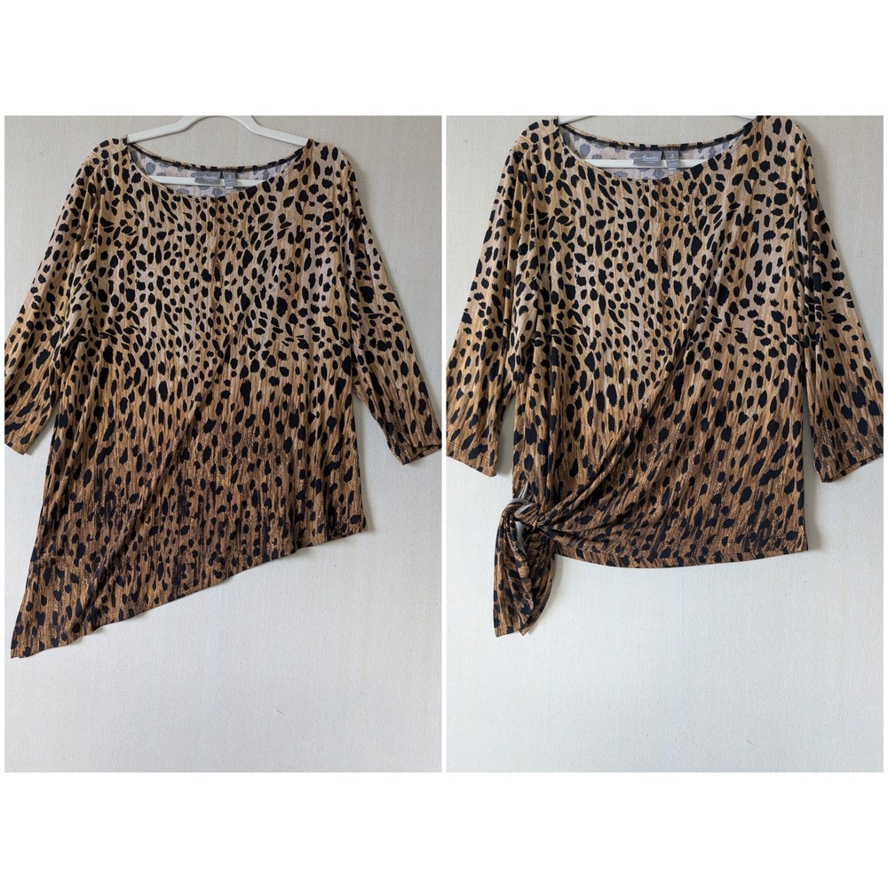 Chicos Travelers Top Women 3 XL Brown Leopard Print Asymmetrical  Side Tie Tunic